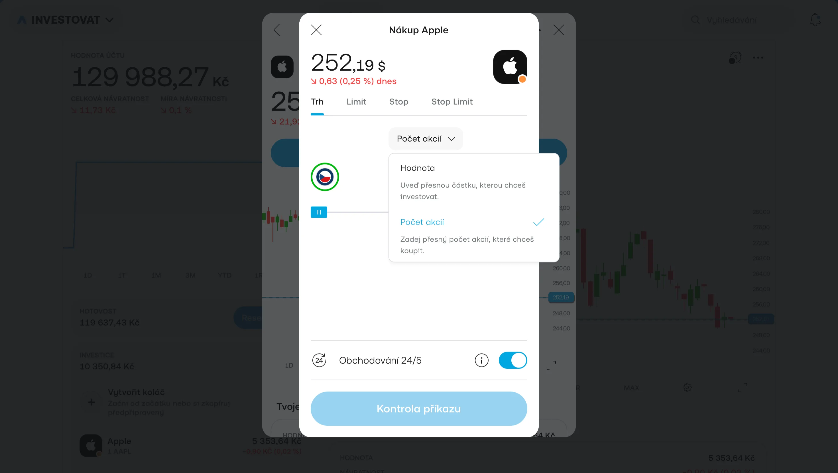 Trading 212 — záložky Trh, Limit, Stop, Stop Limit