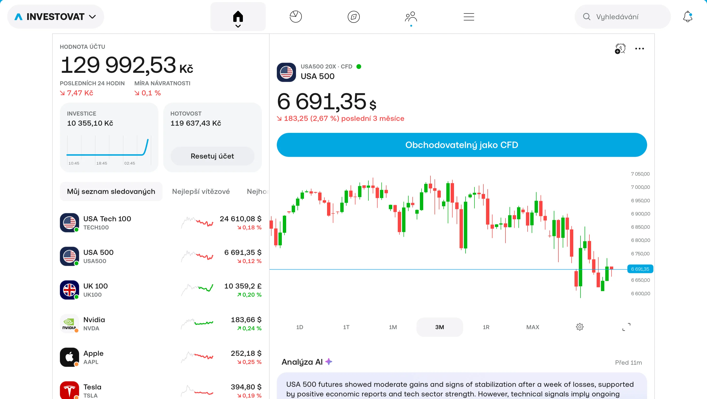 Hlavní obrazovka Trading 212 — dashboard s hodnotou účtu a watchlistem