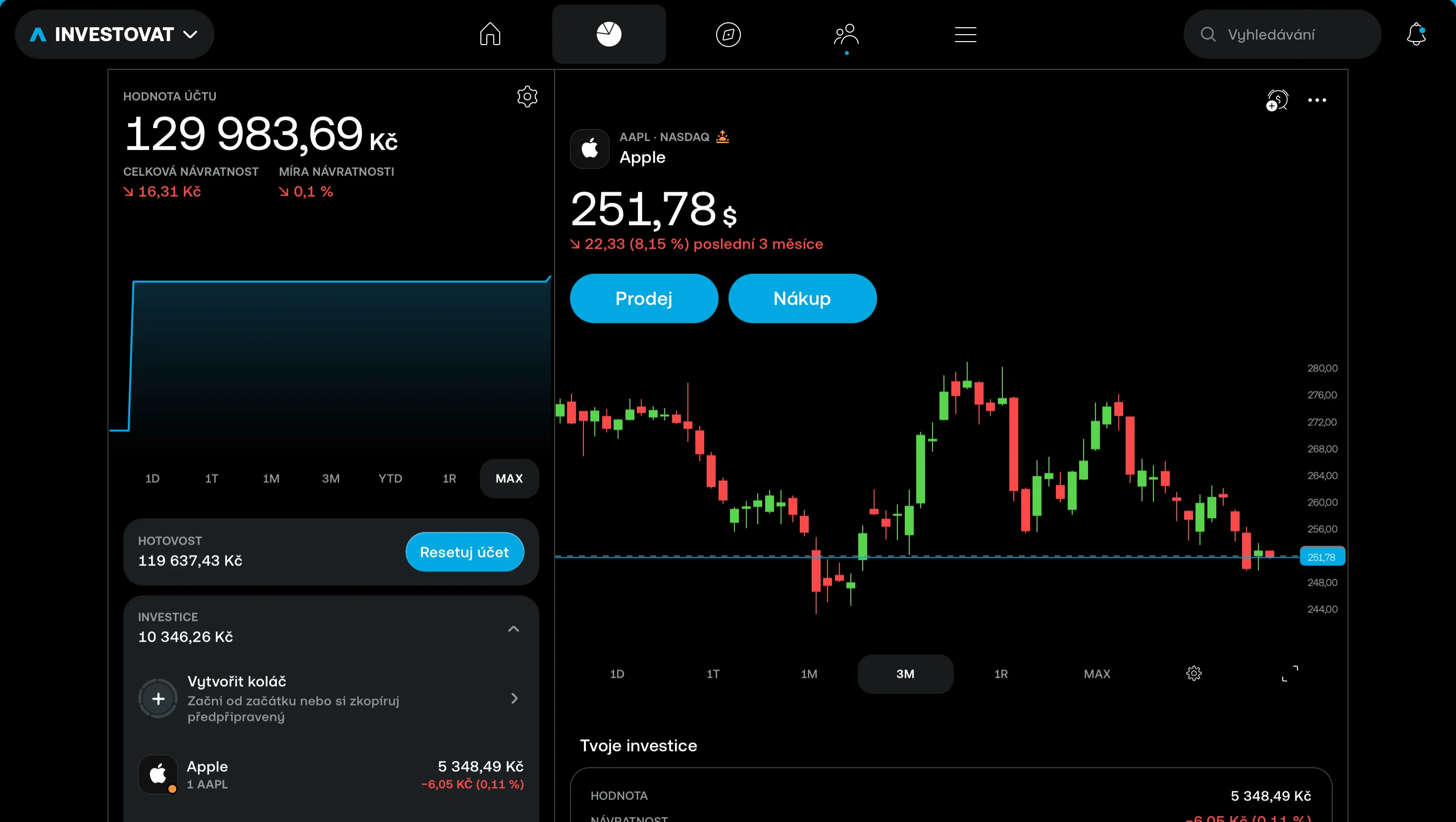 Hlavní obrazovka Trading 212 — dashboard s hodnotou účtu a watchlistem