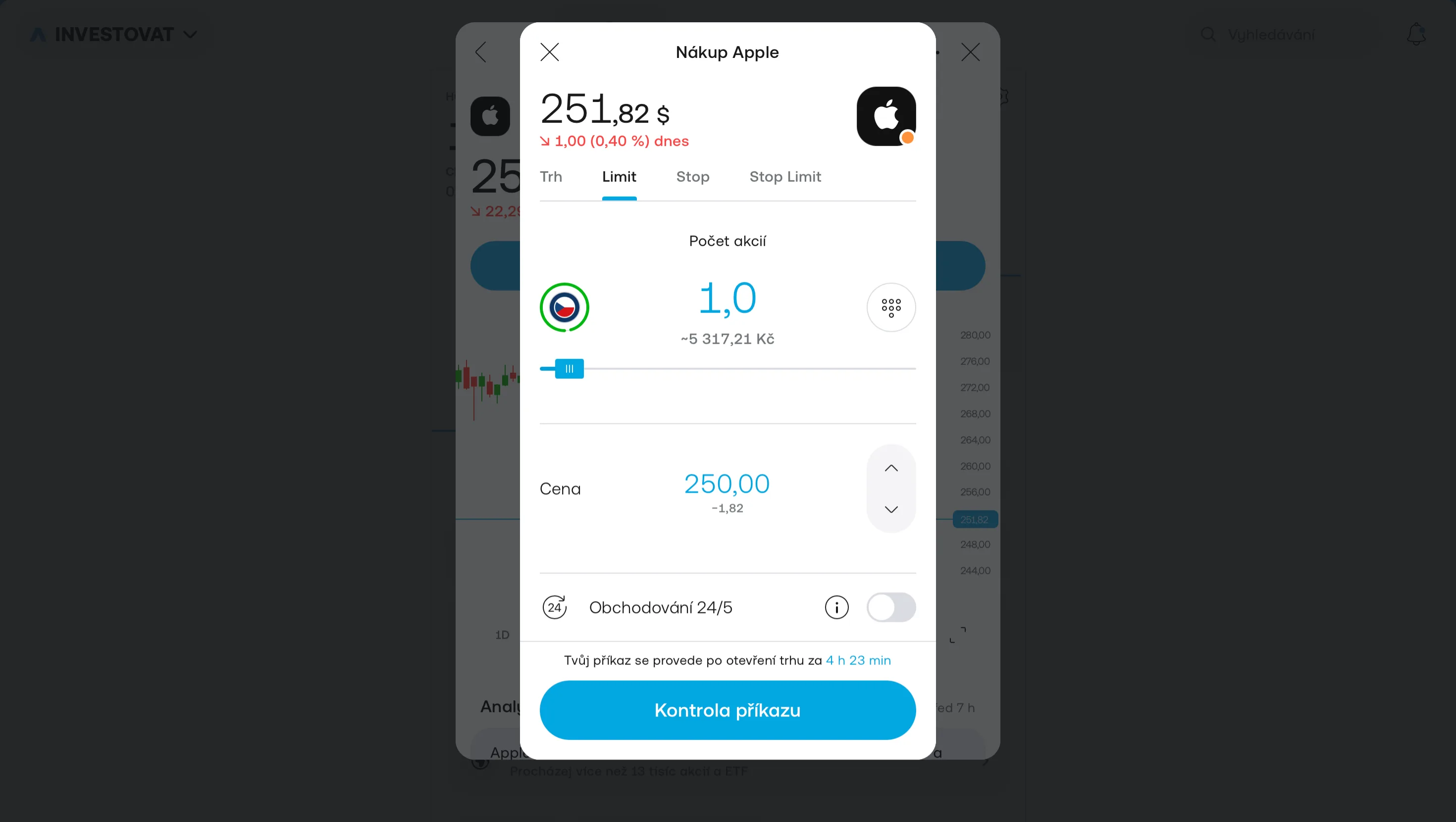 Limit order v Trading 212 — nastavení maximální ceny 250 $