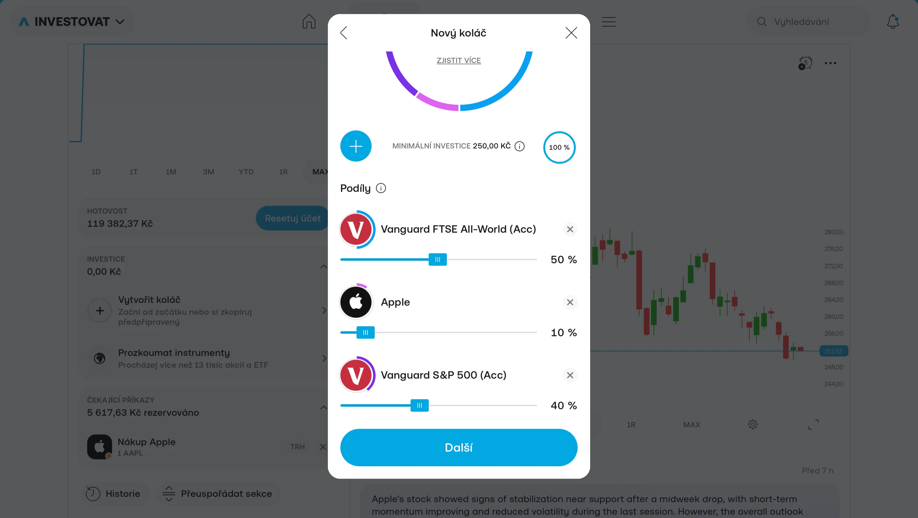 Vytvoření Pie v Trading 212 — nastavení podílů