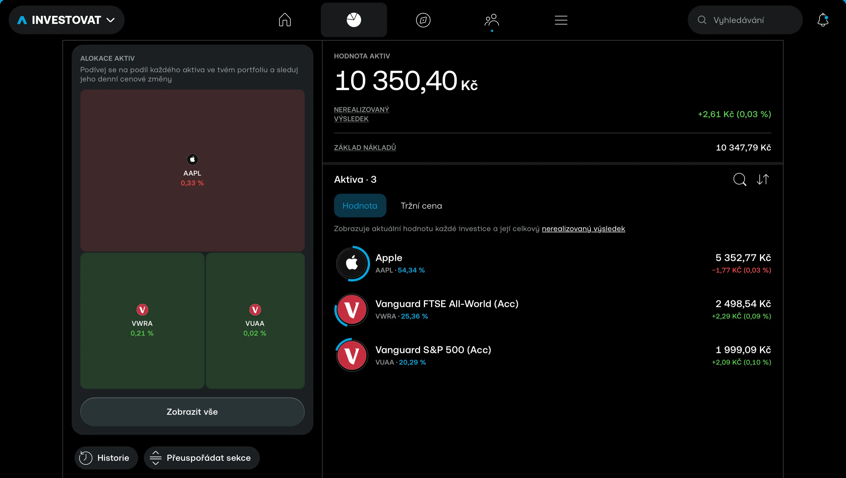 Přehled portfolia v Trading 212 — alokace aktiv a jednotlivé pozice