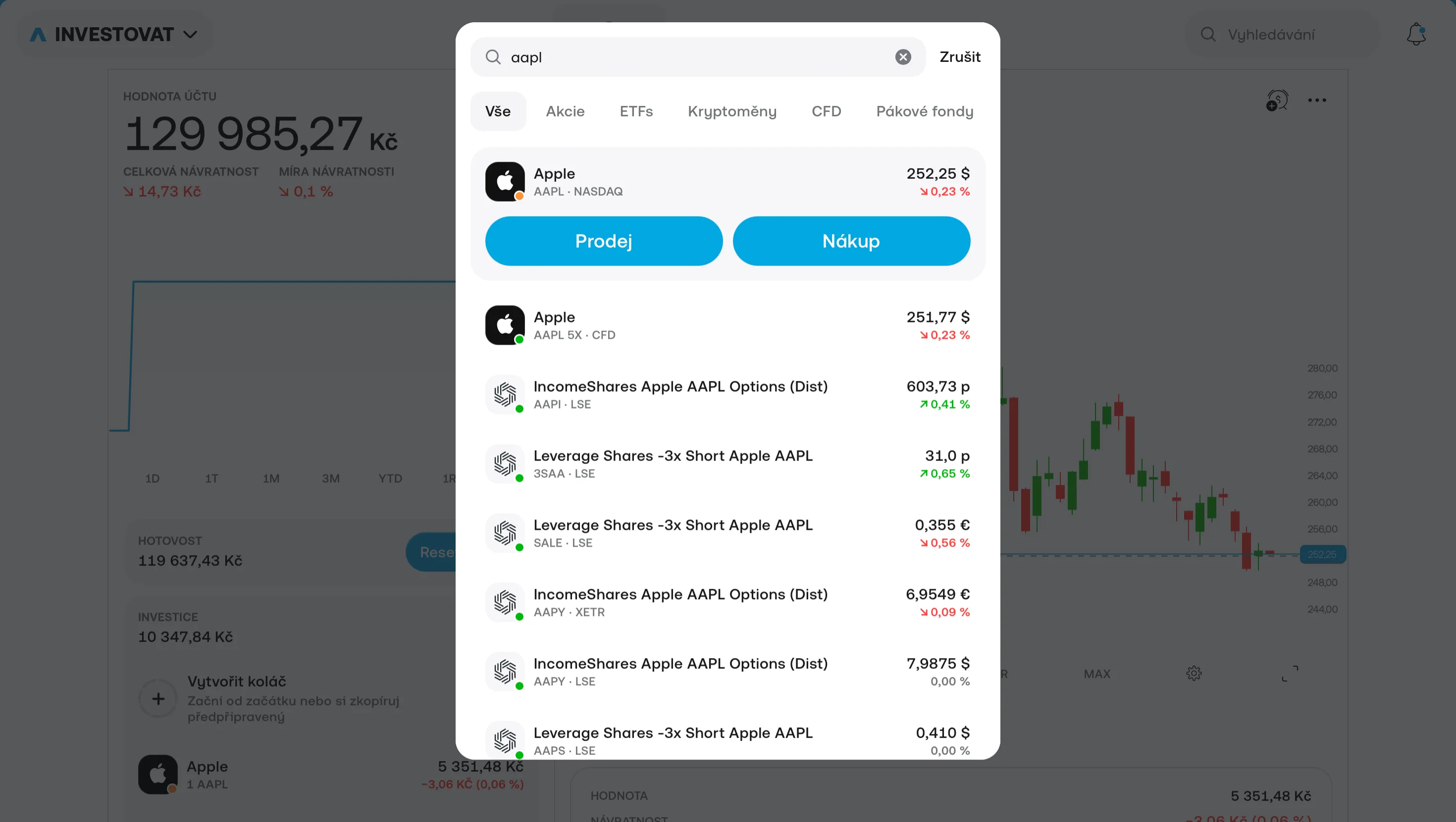 Vyhledávání akcie AAPL v Trading 212