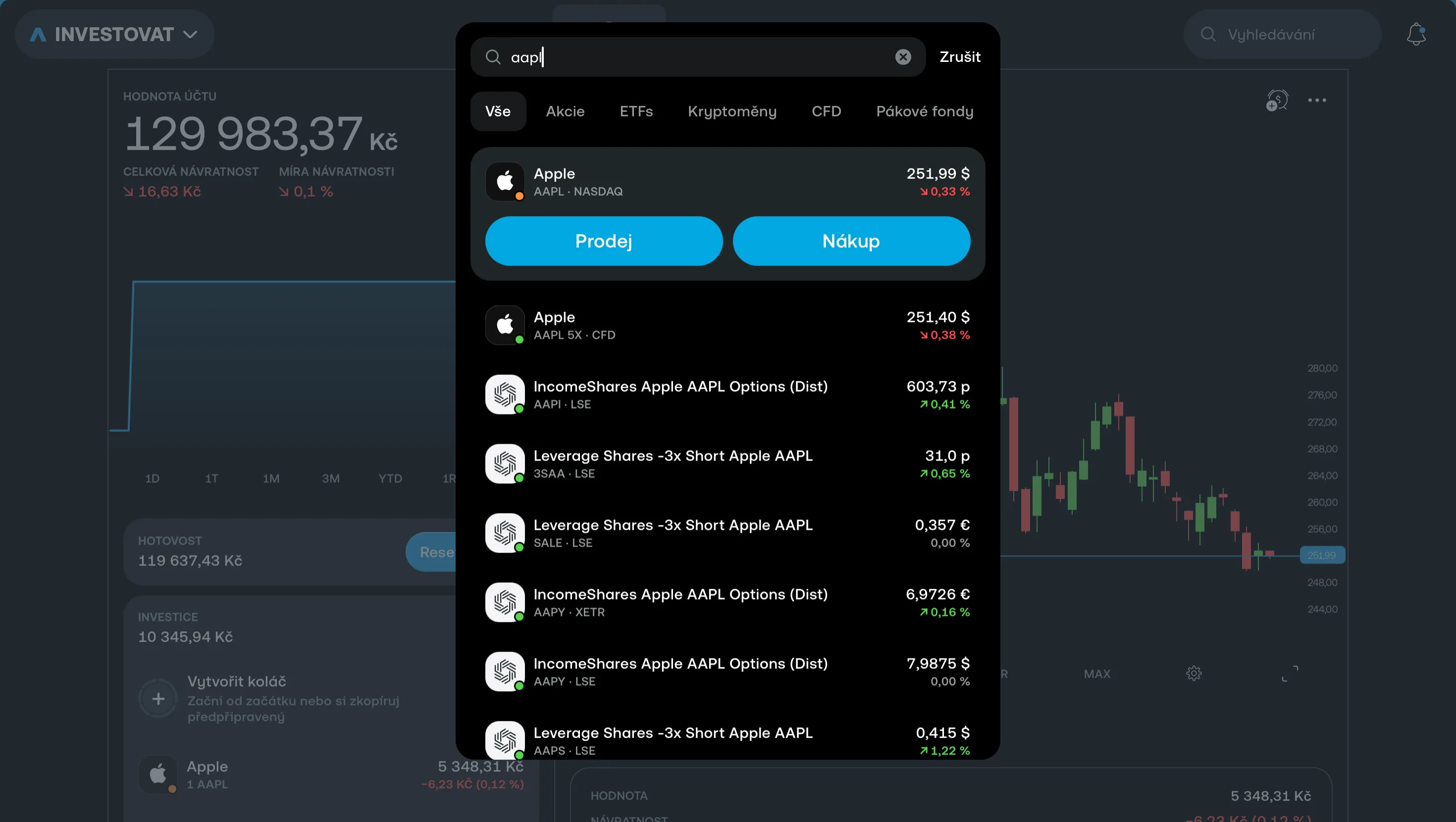 Vyhledávání akcie AAPL v Trading 212
