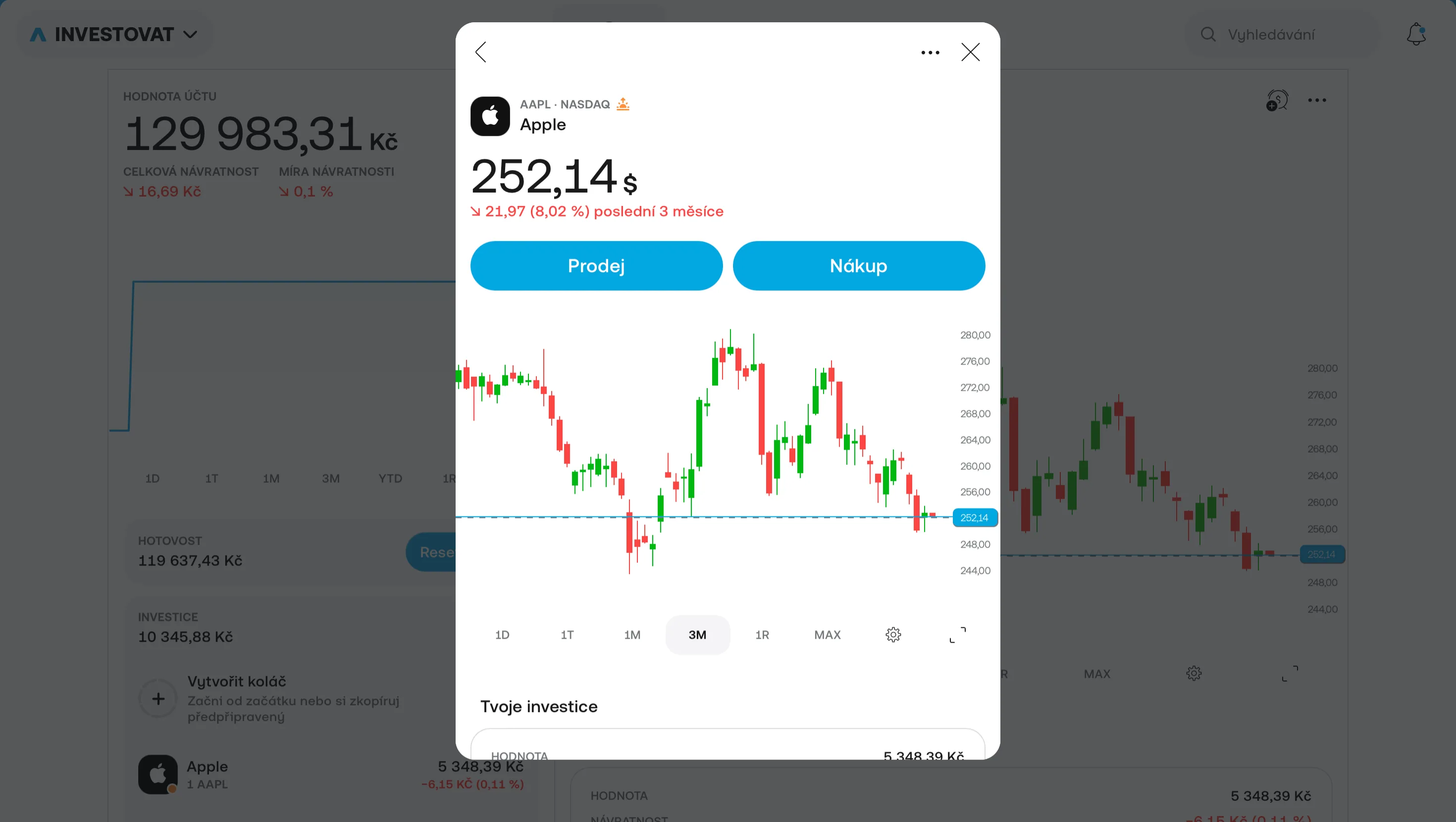Detail akcie Apple v Trading 212 — graf a tlačítka Prodej/Nákup