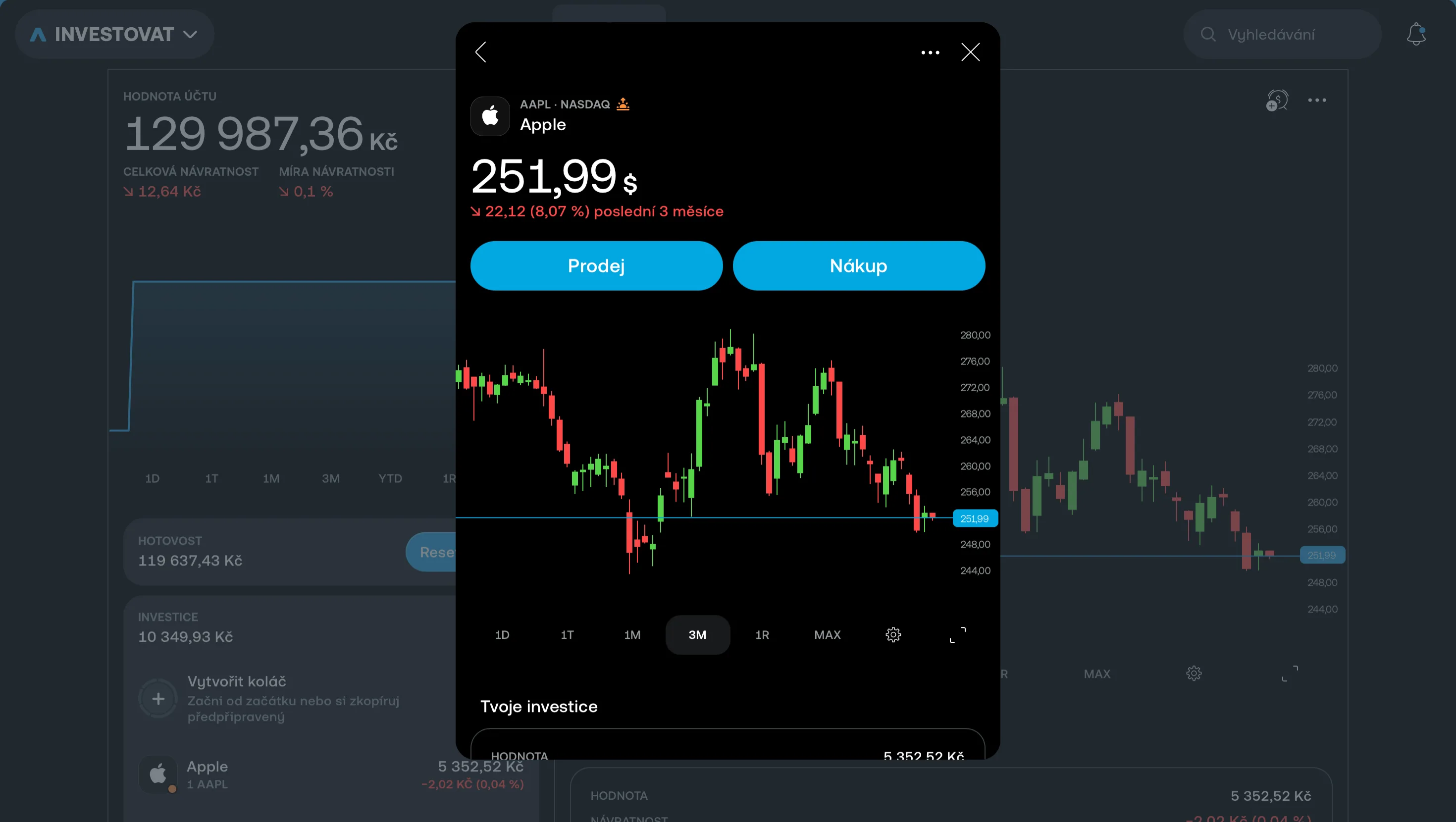 Detail akcie Apple v Trading 212 — graf a tlačítka Prodej/Nákup
