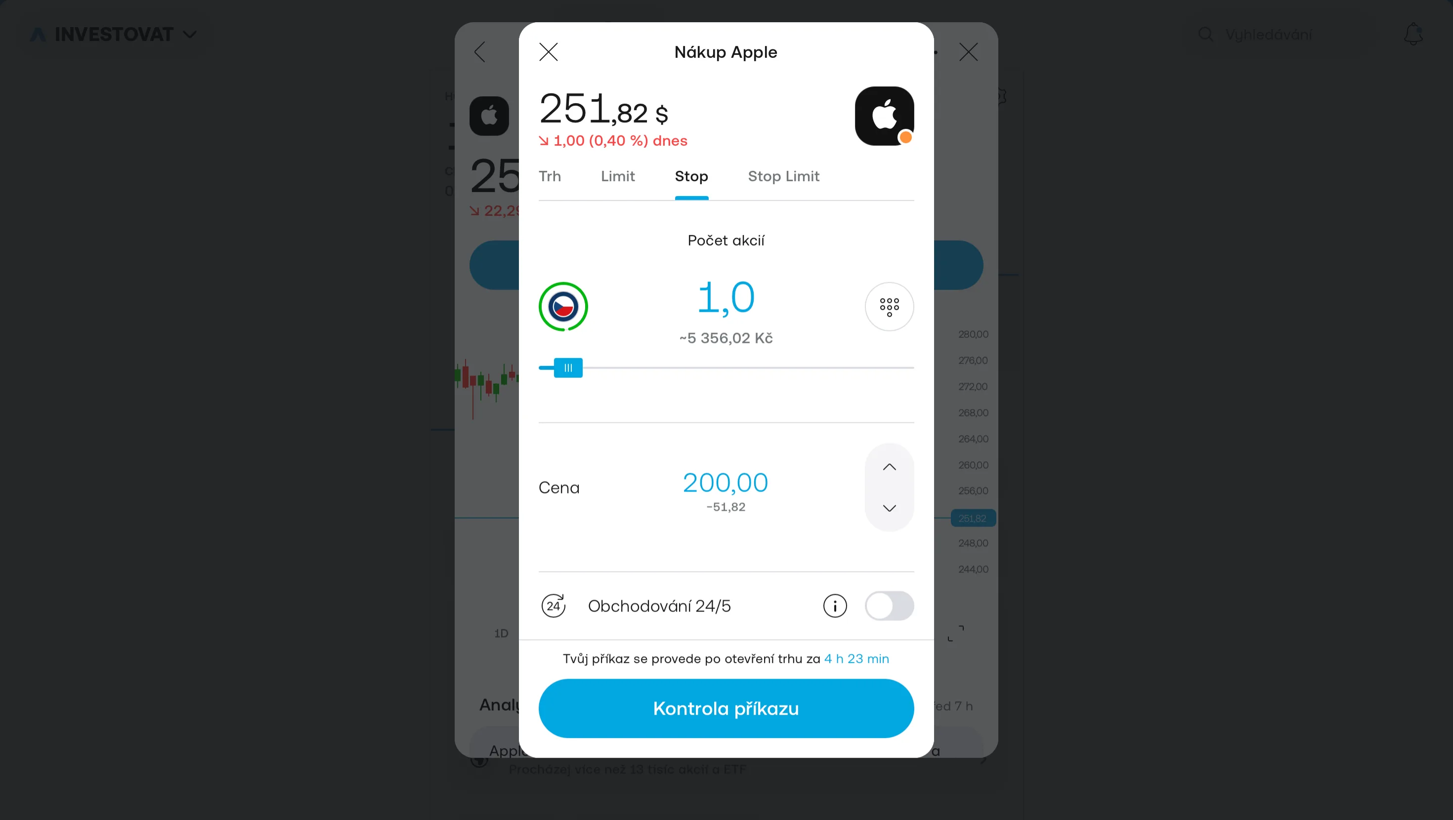 Stop order v Trading 212 — nastavení stop-loss na 200 $