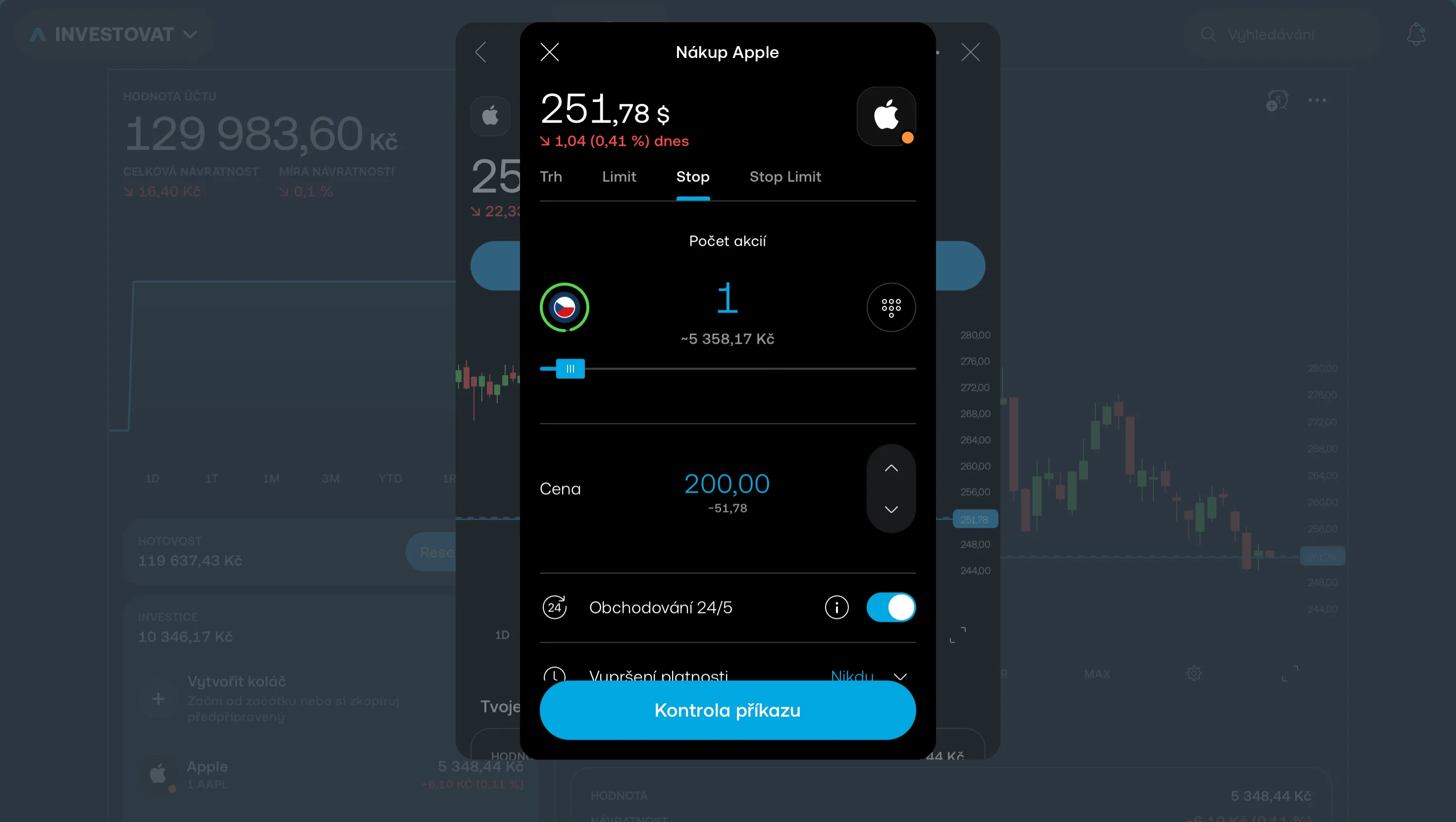 Stop order v Trading 212 — nastavení stop-loss na 200 $
